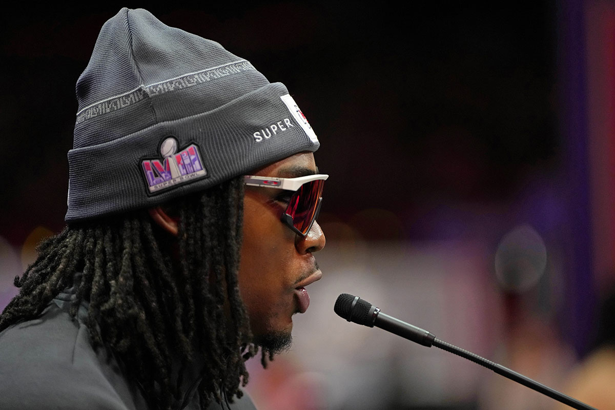 Kansas City Chiefs wide receiver Rashee Rice (4) talks to the media during Super Bowl LVIII Opening Night at Allegiant Stadium.
