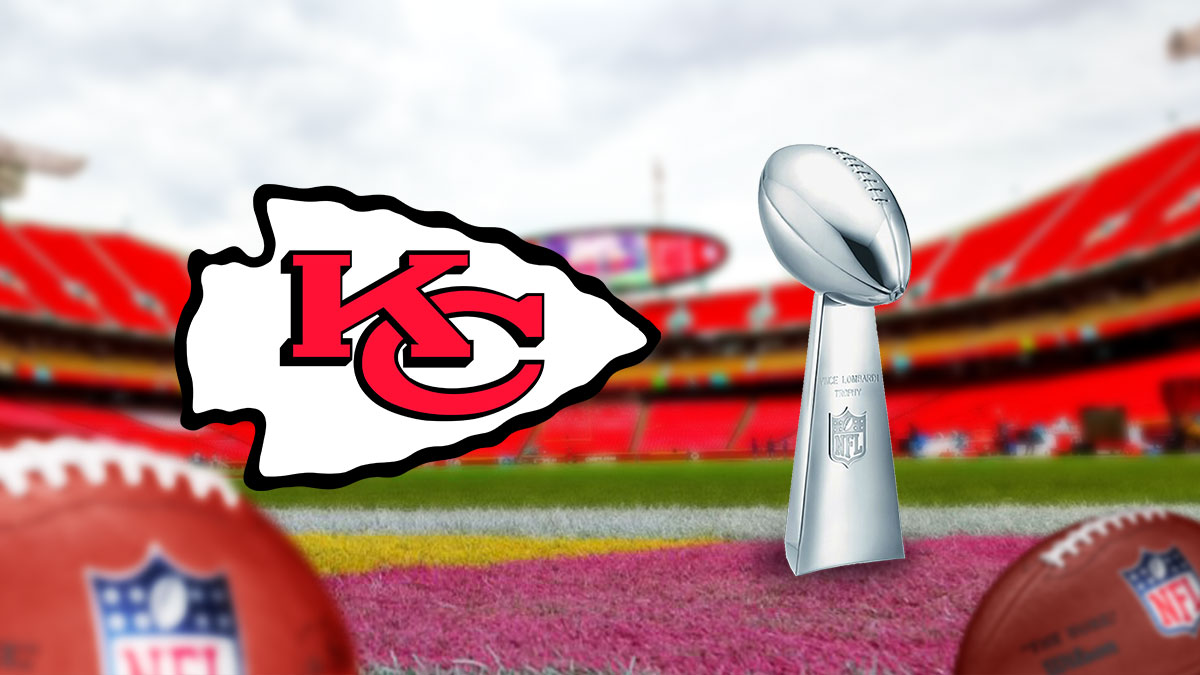 Chiefs, Lombardi Trophy, Arrowhead Stadium in back