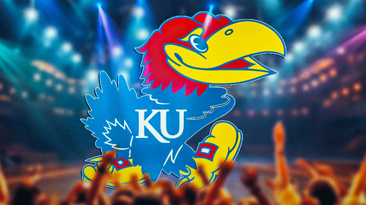 Kansas basketball logo with recruit AJ Dybantsa in background