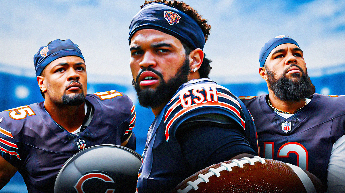 Chicago Bears wide receiver Rome Odunze on left side, Chicago Bears quarterback Caleb Williams in center, Chicago Bears wide receiver Keenan Allen on right side, NRG Stadium (home stadium of the Houston Texans) in background