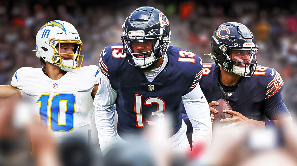 Chicago Bears wide receiver Keenan Allen with quarterbacks Caleb Williams and Justin Herbert