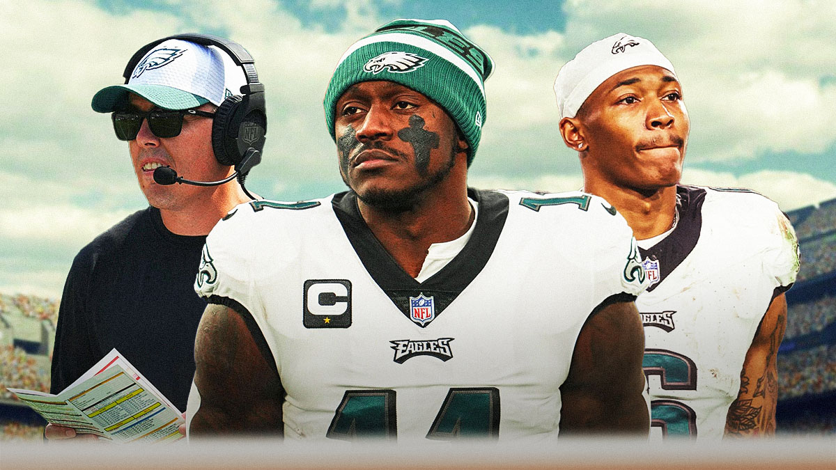 Kellen Moore, AJ Brown, and DeVonta Smith in front of Lincoln Financial Field