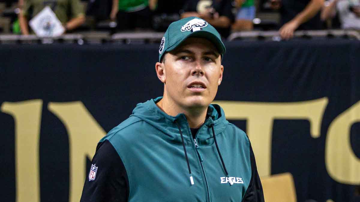Philadelphia Eagles offensive coordinator Kellen Moore looks on during warmups before the game against the New Orleans Saints at Caesars Superdome.