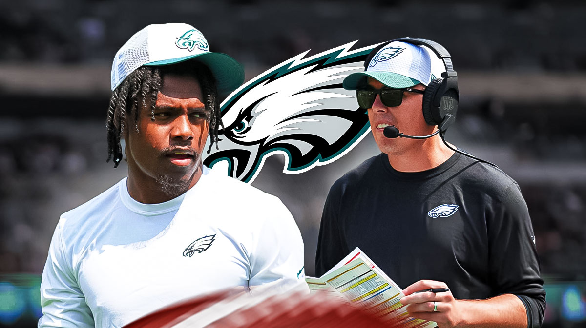 Kellen Moore next to Jahan Dotson with the Eagles logo as the background.