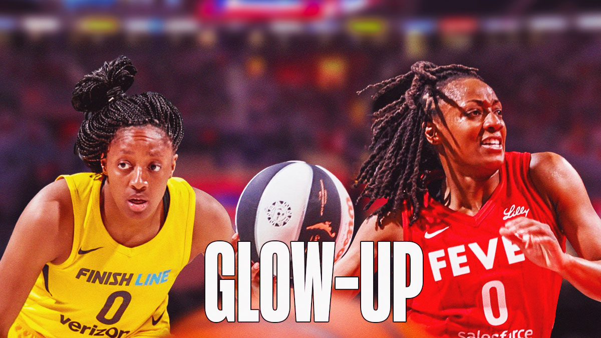 2018 version of Fever's Kelsey Mitchell on the left looking sad, with 2024 version of Mitchell on the right looking hyped up, with caption below: GLOW-UP