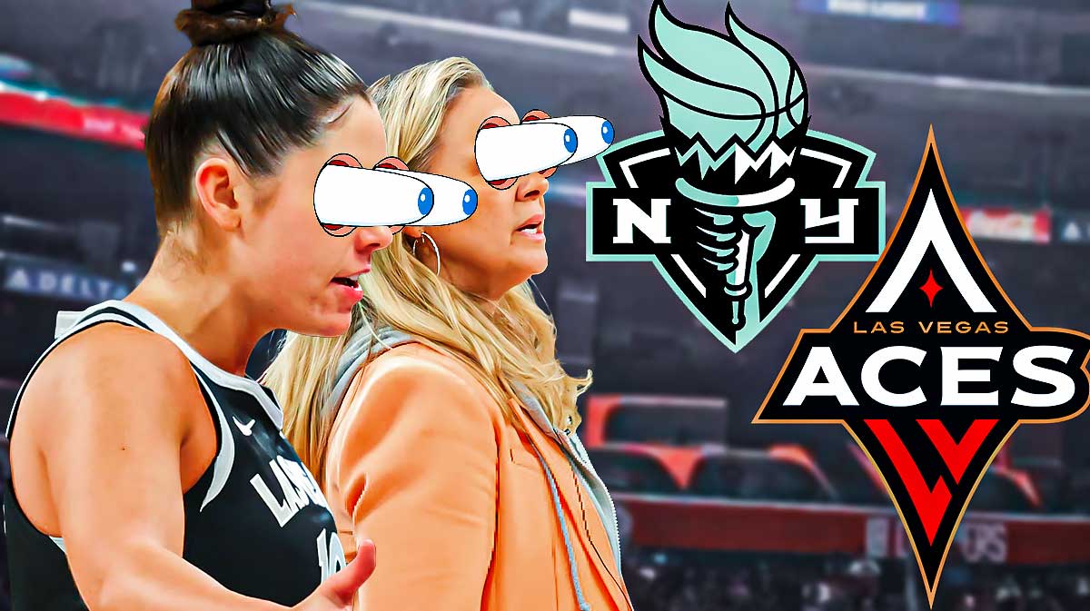Aces Kelsey Plum, Aces Becky Hammon with eyes popping out like cartoon eyes. Have them looking at the Las Vegas Aces and New York Liberty 2024 logos.