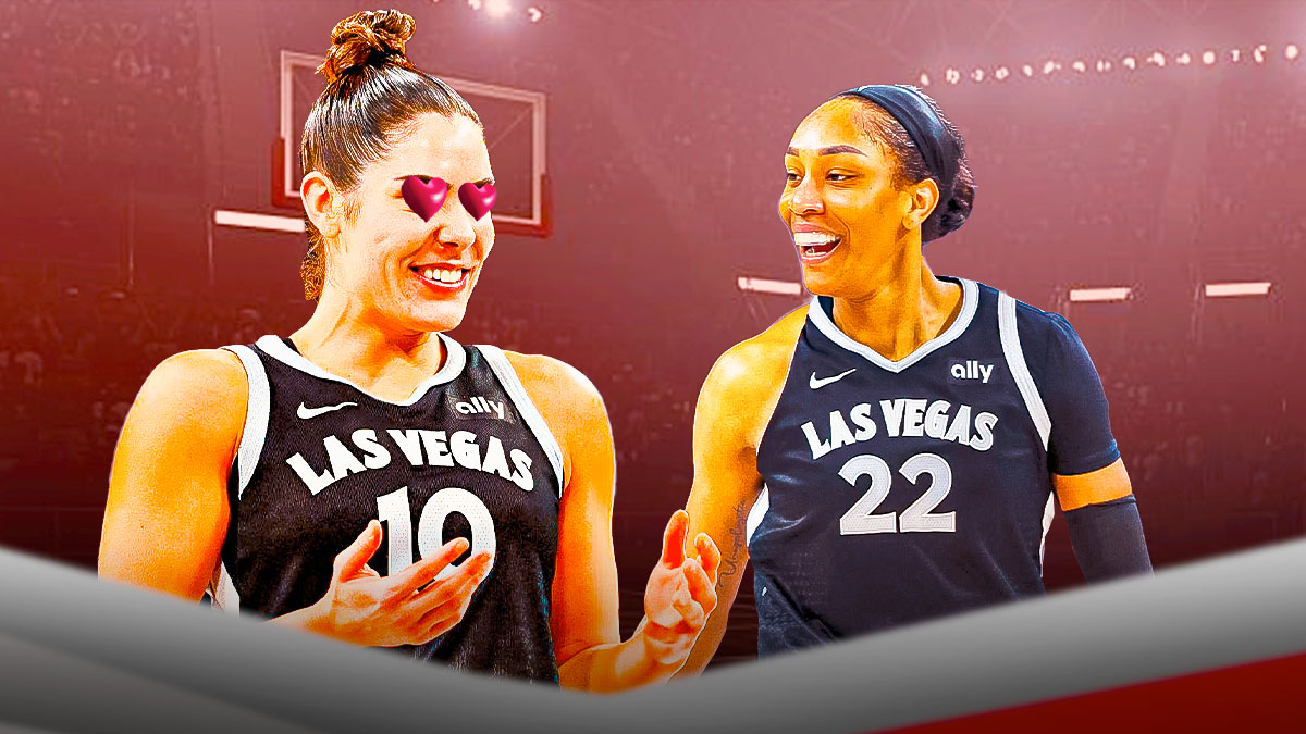 Las Vegas Aces guard Kelsey Plum with heart eyes, as she's looking at Aces forward A'ja Wilson.