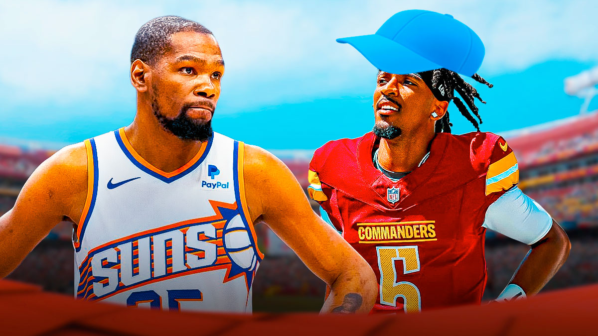 Suns star Kevin Durant making a stank face next to Commanders quarterback Jayden Daniels, smiling and wearing a big blue hat emoji