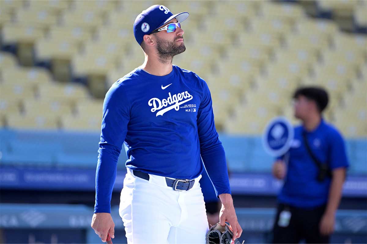 Los Angeles Dodgers center fielder Kevin Kiermaier (93) warms up prior to the game against the Baltimore Orioles at Dodger Stadium.