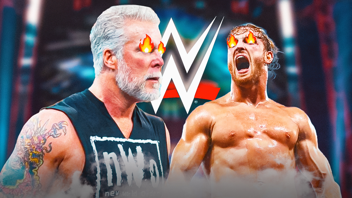 Angry Kevin Nash and Logan Paul with fire emojis over both of their eyes with the WWE logo as the background.