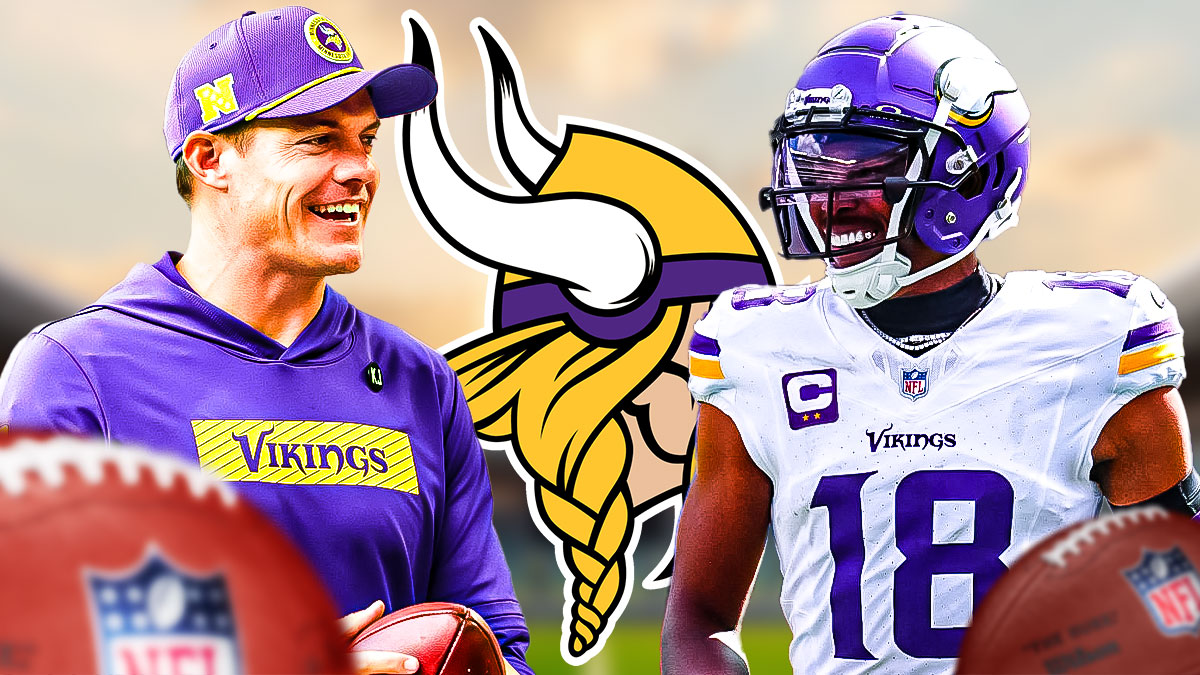 Vikings' HC Kevin O'Connell & Justin Jefferson with a Vikings logo between them
