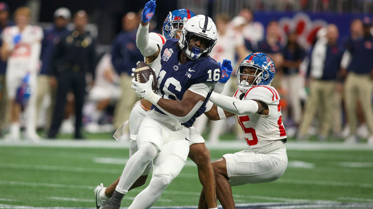 Dec 30, 2023; Atlanta, GA, USA; Penn State Nittany Lions tight end Khalil Dinkins (16) catches a pass against the Mississippi Rebels in the second quarter at Mercedes-Benz Stadium. Mandatory Credit: Brett Davis-Imagn Images
