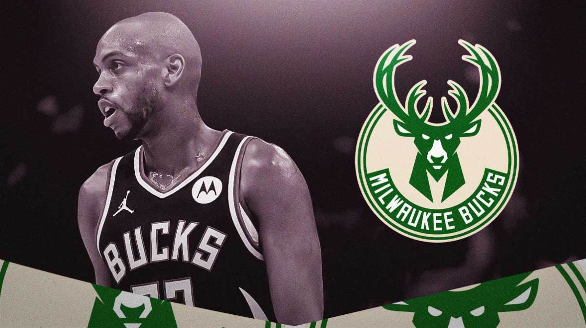 Bucks' Khris Middleton greyed out and looking sad next to a Milwaukee Bucks logo