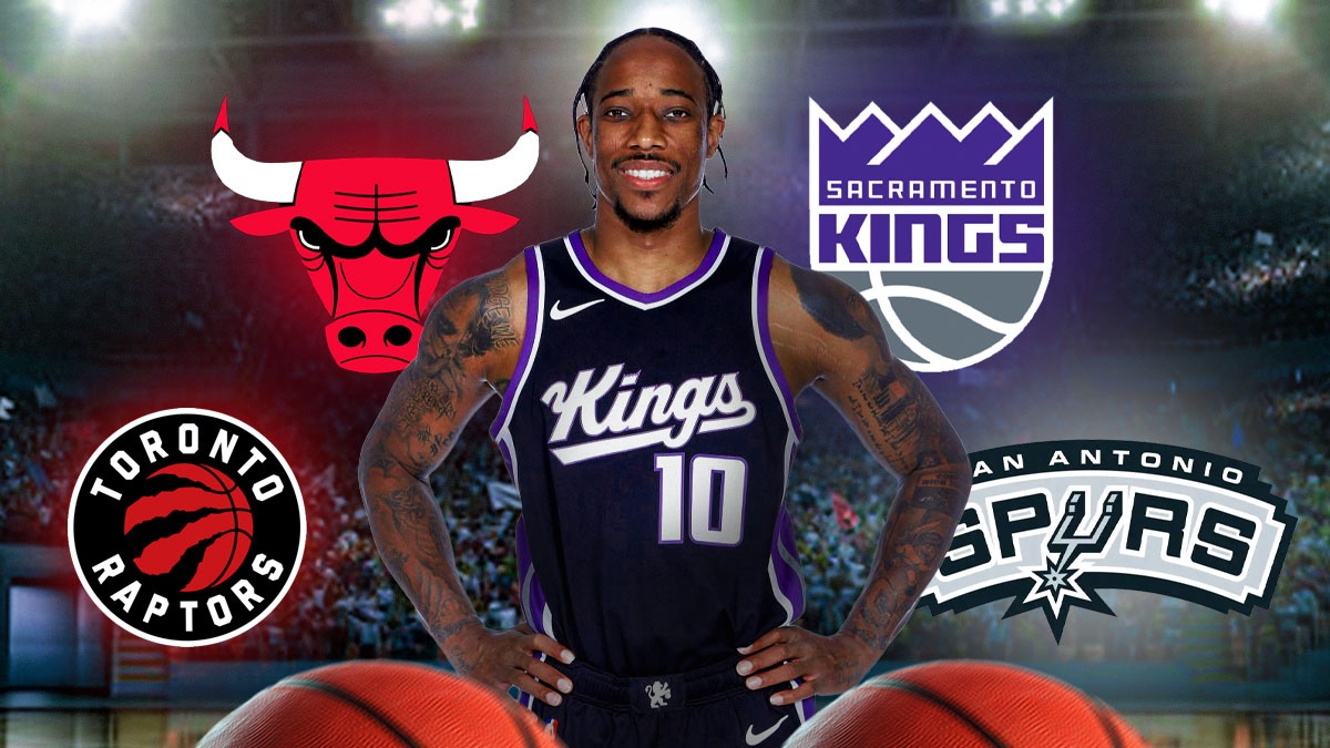 DeMar DeRozan passing by logos of Toronto Raptors, San Antonio Spurs, Chicago Bulls, and Sacramento Kings