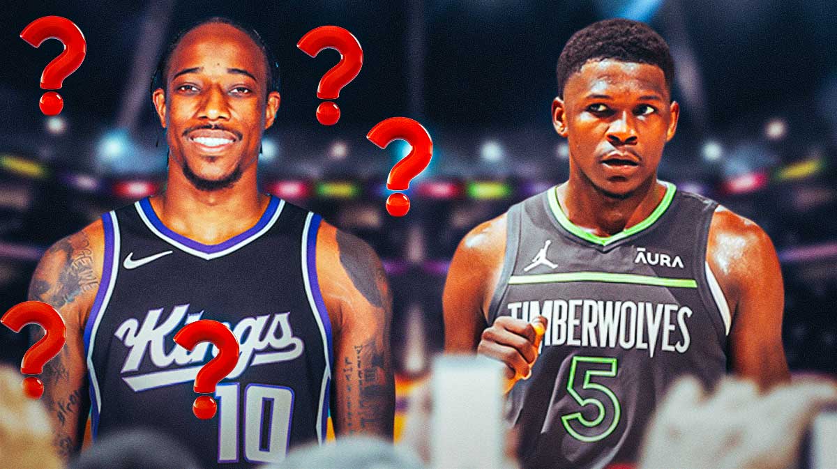 DeMar DeRozan in a Kings uniform with question marks around him looking at Anthony Edwards