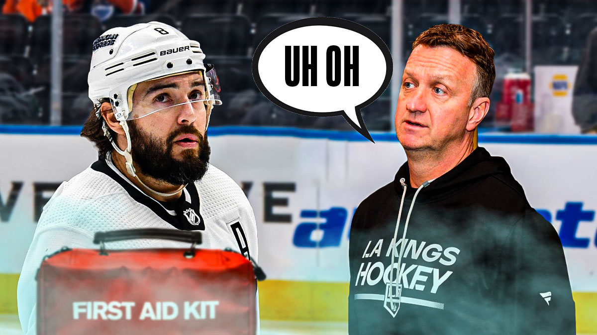 Drew Doughty on one side with an injury kit in front of him, Jim Hiller on the other side with a speech bubble that says "Uh oh"