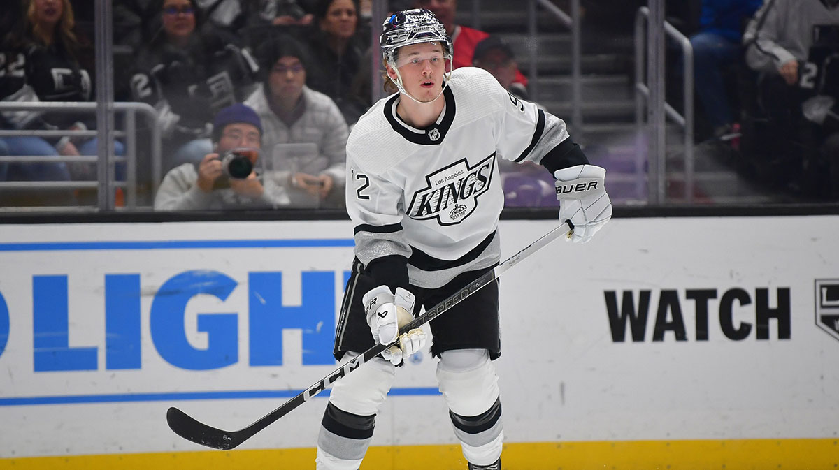 Los Angeles Kings defenseman Brandt Clarke (92) in action against the Anaheim Ducks during the first period at Crypto.com Arena.