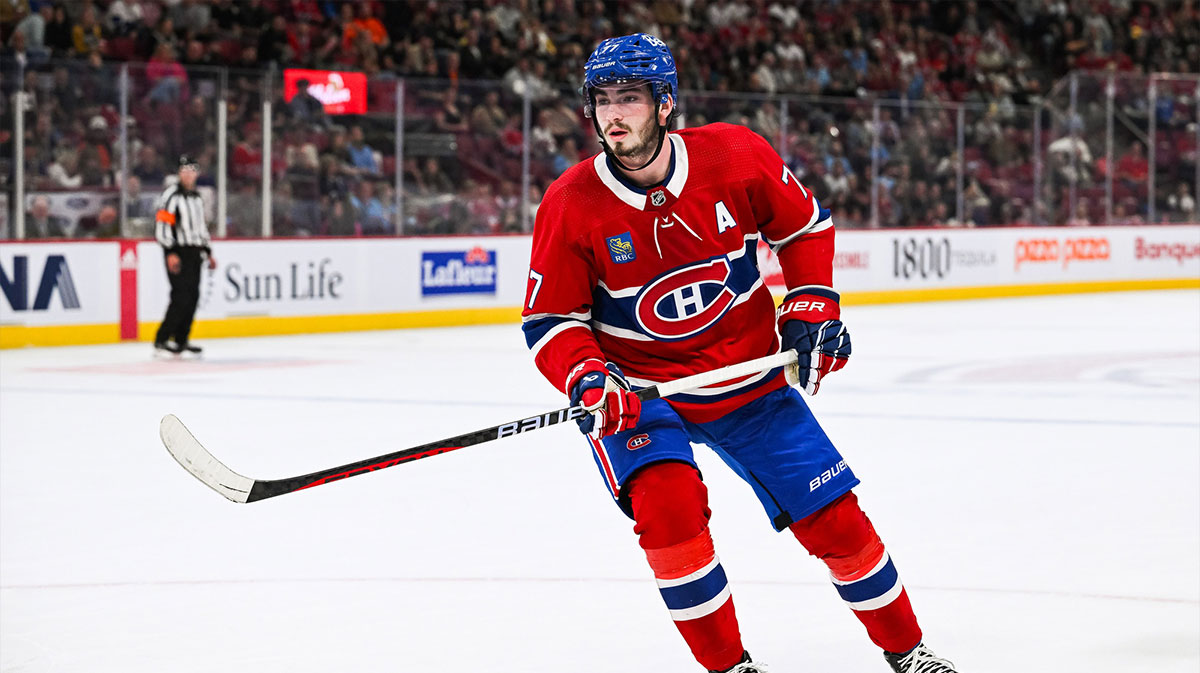 Montreal Canadiens center Kirby Dach (77) looks on against the Toronto Maple Leafs during the second period at Bell Centre