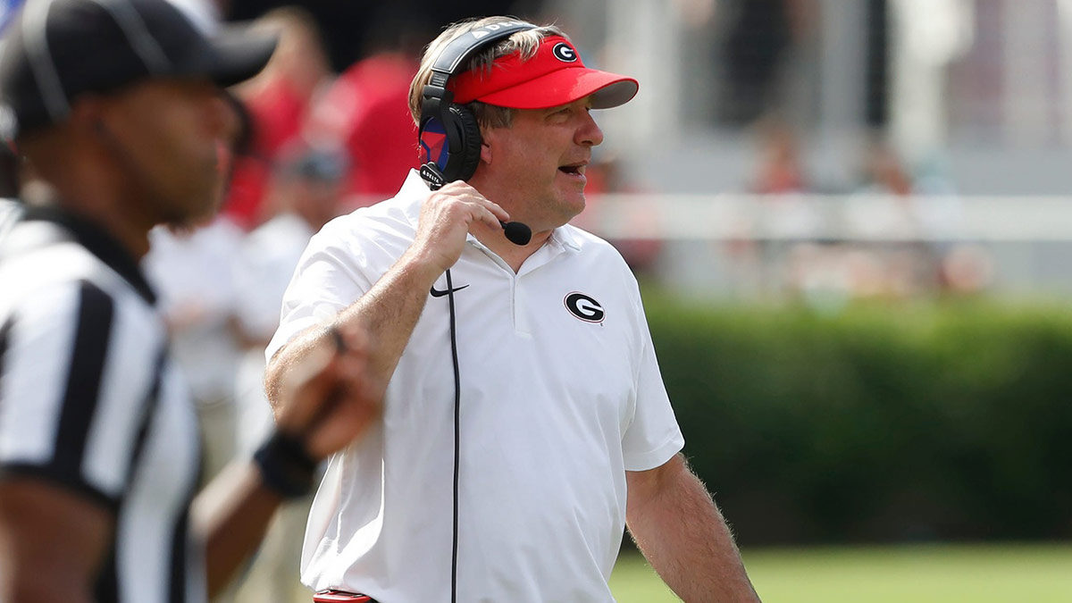 Georgia coach Kirby Smart rects on the sideline during the second half of a NCAA Aflac Kickoff game against Tennessee Tech in Athens, Ga., on Saturday, Sept. 7, 2024.