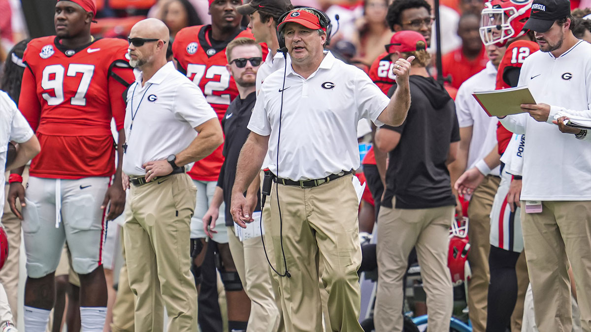 Georgia Bulldogs head coach Kirby Smart reacts on the sidelines against the Tennessee Tech Golden Eagles during the second half at Sanford Stadium.