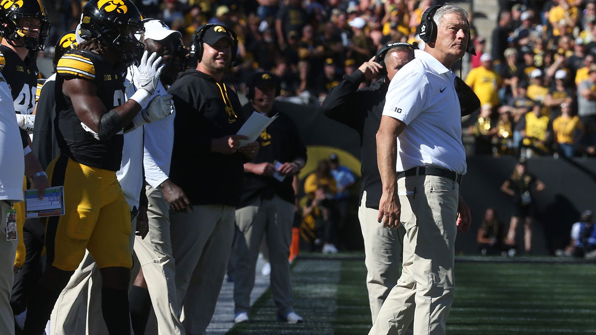 Iowa head coach Kirk Ferentz coaches against Iowa State during the CyHawk game