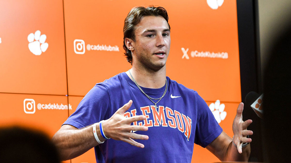 Clemson quarterback Cade Klubnik with media during a press conference at the Smart Family Media Center in Clemson, S.C. Wednesday, September 4, 2024. Clemson plays Appalachian State September 7.