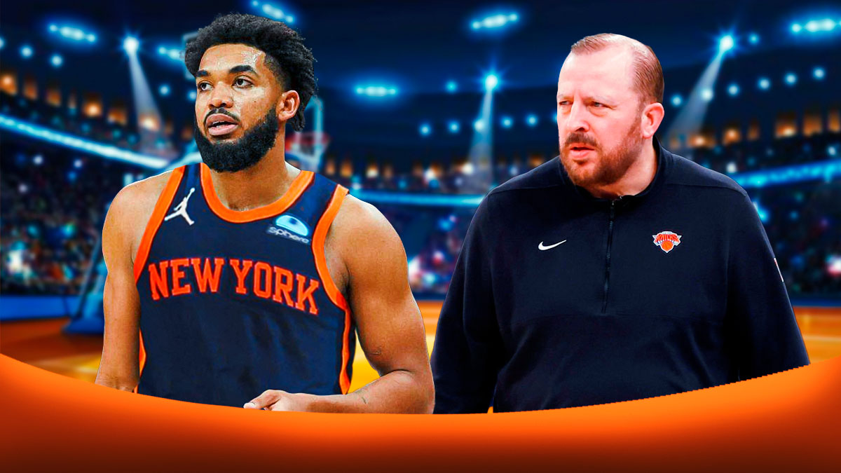 Photo: Tom Thibodeau looking at Karl-Anthony Towns in Knicks jersey