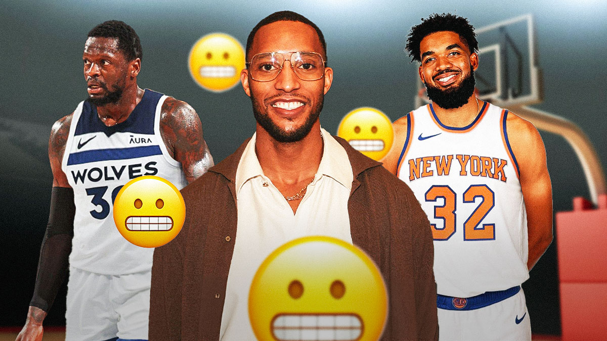 Evan Turner laughing, with grimace emojis all over him, with Julius Randle in Timberwolves uni and Karl-Anthony Towns in Knicks uni beside him