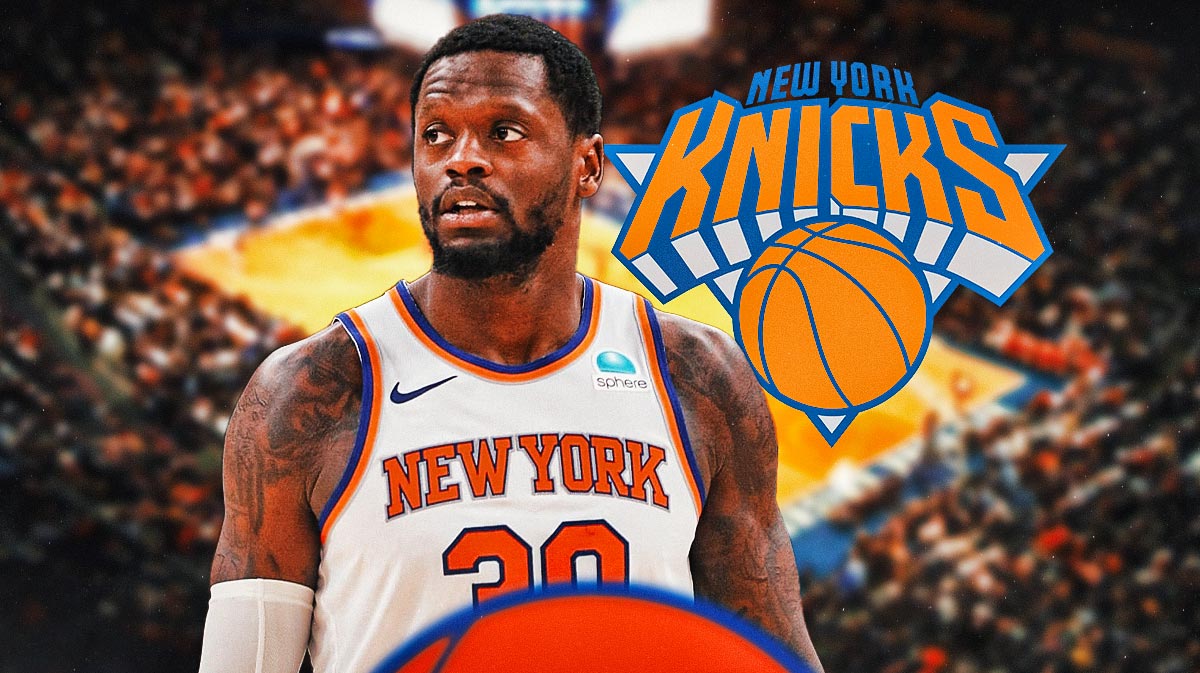 Knicks power forward Julius Randle next to Madison Square Garden and the Knicks logo