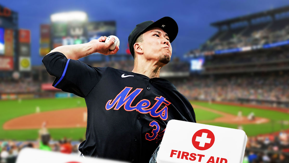 Kodai Senga pitching in a New York Mets uniform with a red and white first aid symbol as Senga is on the injured list with a calf starin and is another pitcher injury for the Mets.