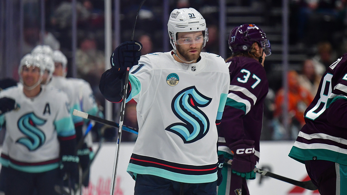 Seattle Kraken center Shane Wright (51) celebrates his goal scored against the Anaheim Ducks during the second period at Honda Center.