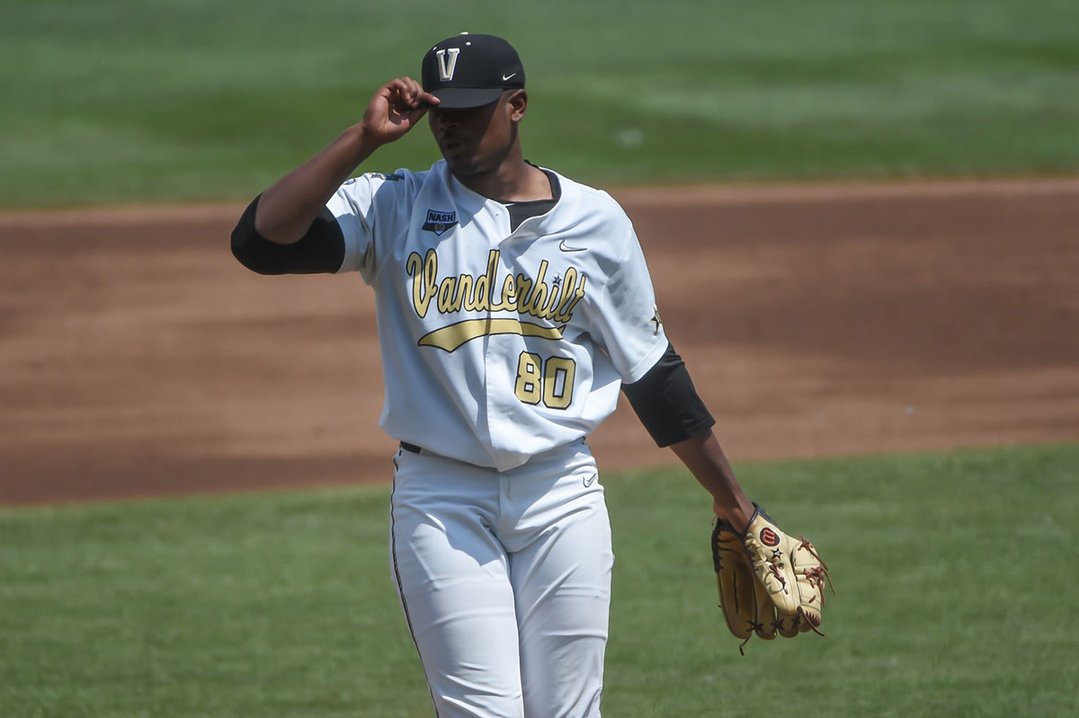 Vanderbilt Commodores starting pitcher Kumar Rocker (80) pitches in the second inning against the NC State Wolfpack at TD Ameritrade Park.