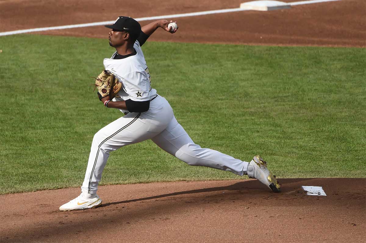 Jun 30, 2021; Omaha, Nebraska, USA; Vanderbilt Commodores pitcher Kumar Rocker (80) pitches in the first inning against the Mississippi St. Bulldogs at TD Ameritrade Park.