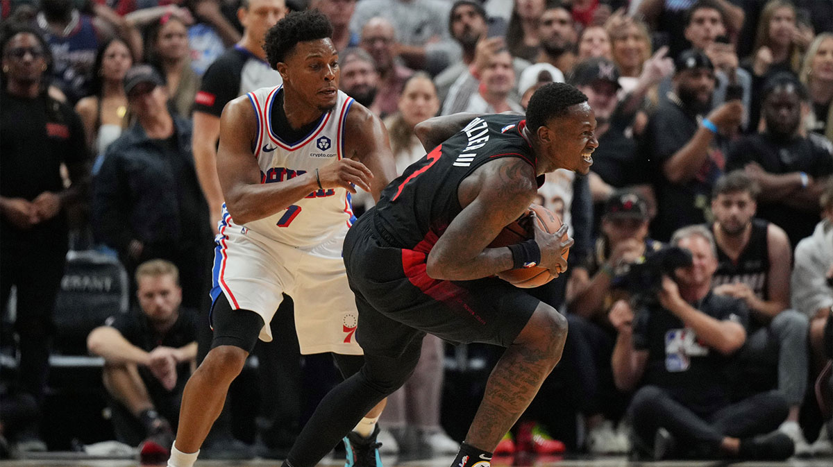 Apr 4, 2024; Miami, Florida, USA; Miami Heat guard Terry Rozier (2) steals the ball from Philadelphia 76ers guard Kyle Lowry (7) during the second half at Kaseya Center. Mandatory Credit: Jim Rassol-Imagn Images