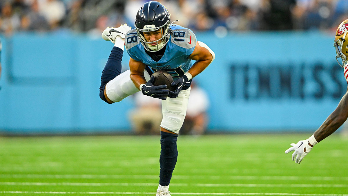 Tennessee Titans wide receiver Kyle Philips (18) makes a catch against the San Francisco 49ers during the first half at Nissan Stadium.