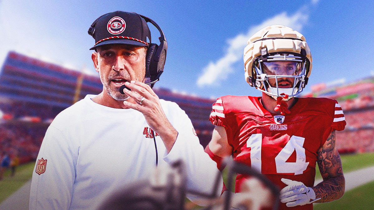 San Francisco 49ers head coach Kyle Shanahan on left side, San Francisco 49ers wide receiver Ricky Pearsall on right side, Levi's Field (home field of the San Francisco 49ers) in background