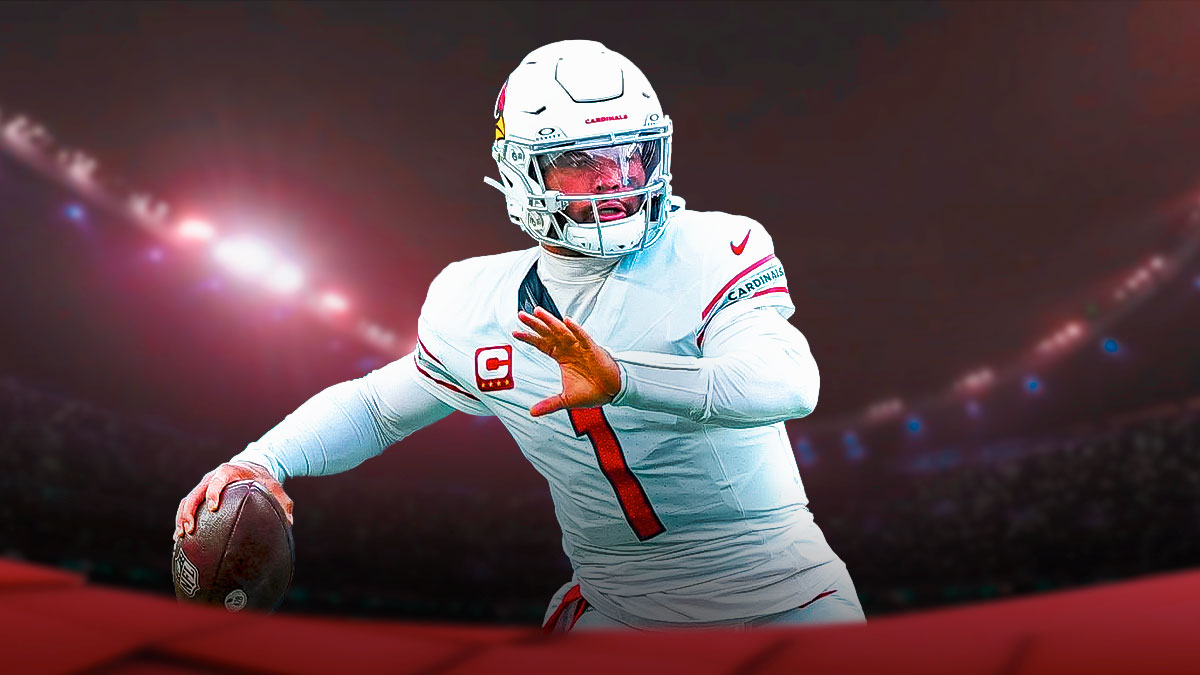 Kyler Murray holding football at midfield with Cardinals stadium in background.