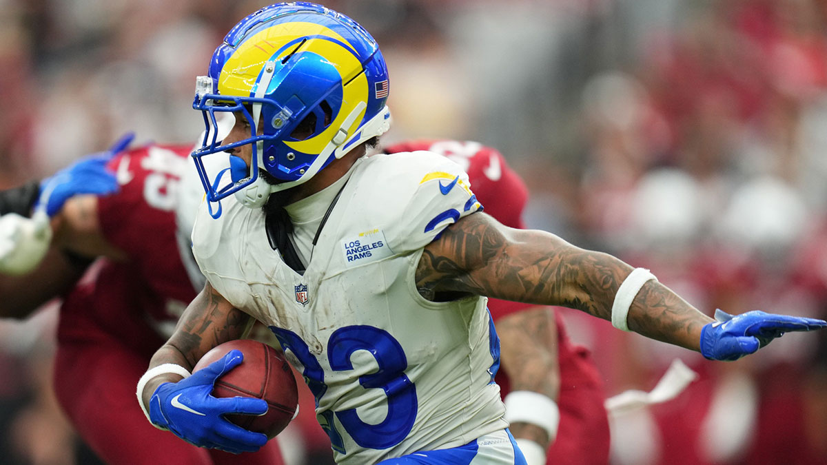 Los Angeles Rams running back Kyren Williams (23) breaks out of the backfield against the Arizona Cardinals on Sept. 15, 2024, at State Farm Stadium in Glendale.