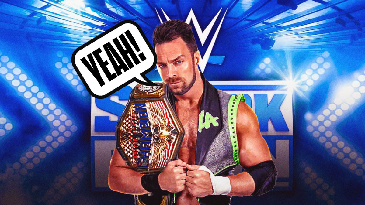 LA Knight wearing the United States Championship belt with a text bubble reading "Yeah!" in front of the SmackDown logo.