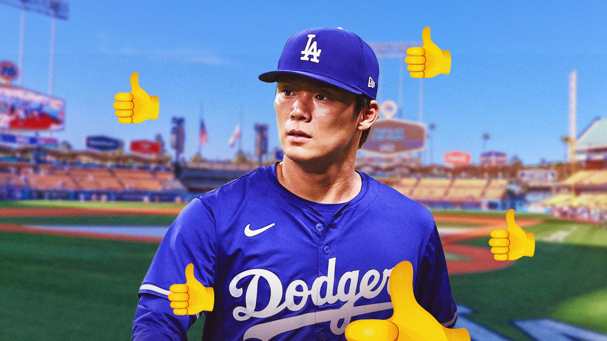 Dodgers' Yoshinobu Yamamoto surrounded by thumbs up emojis
