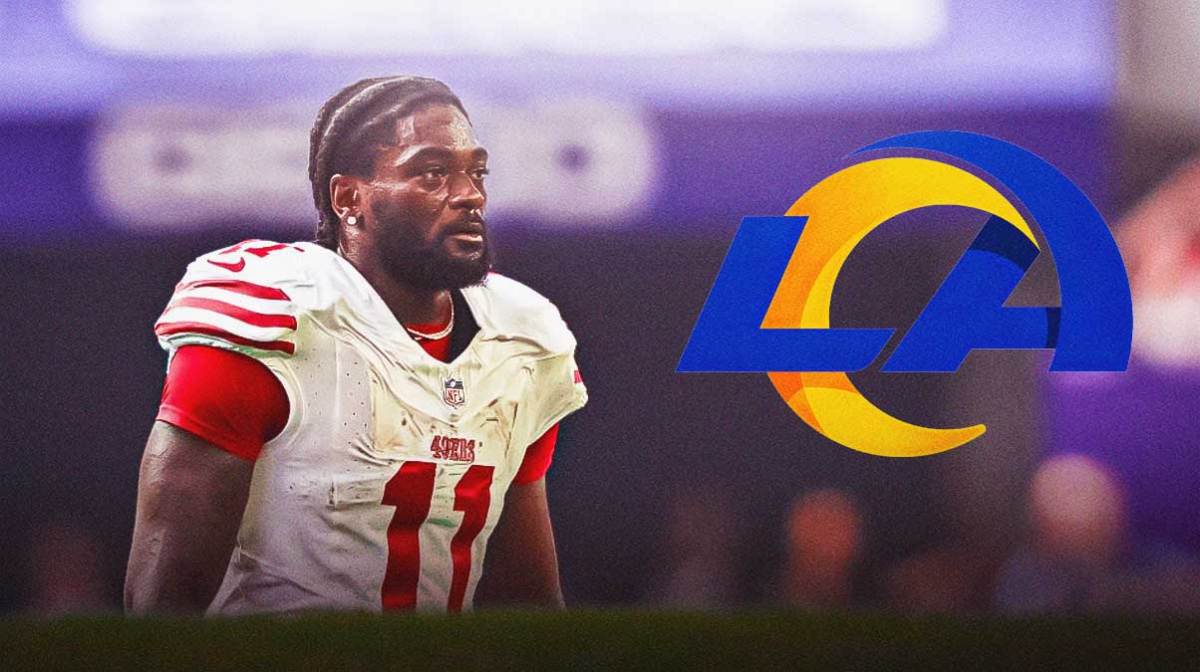 Brandon Aiyuk looks angry at Rams logo
