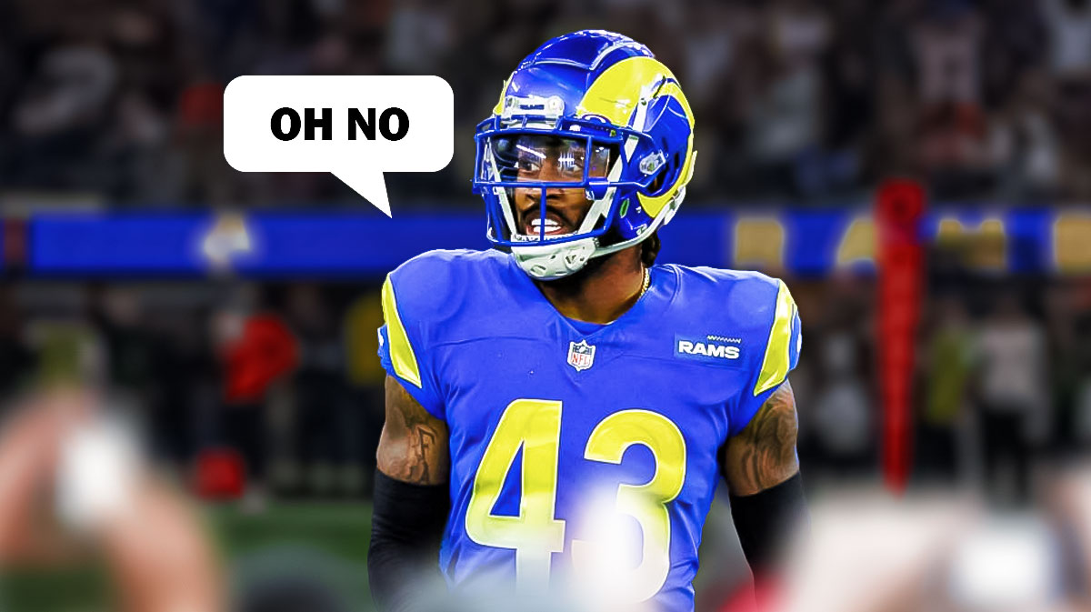 John Johnson III in his Rams gear with a text bubble reading "Oh no" in front of SoFi Stadium.