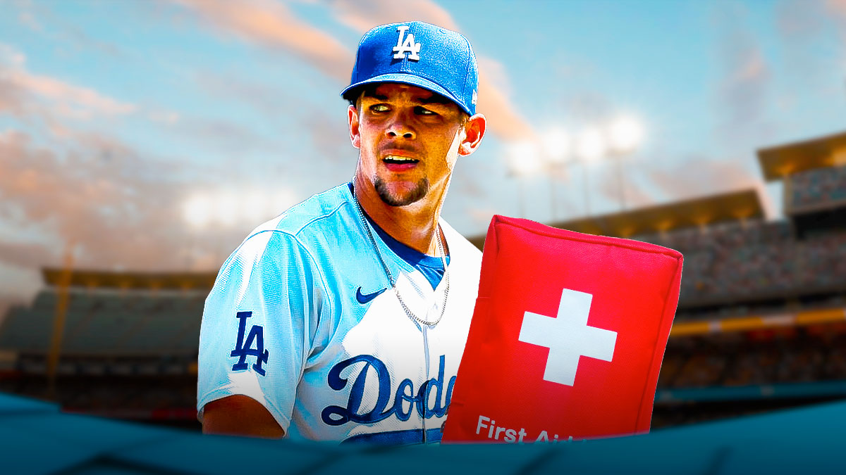 Dodgers pitcher Gavin Stone with medical kit in front of him