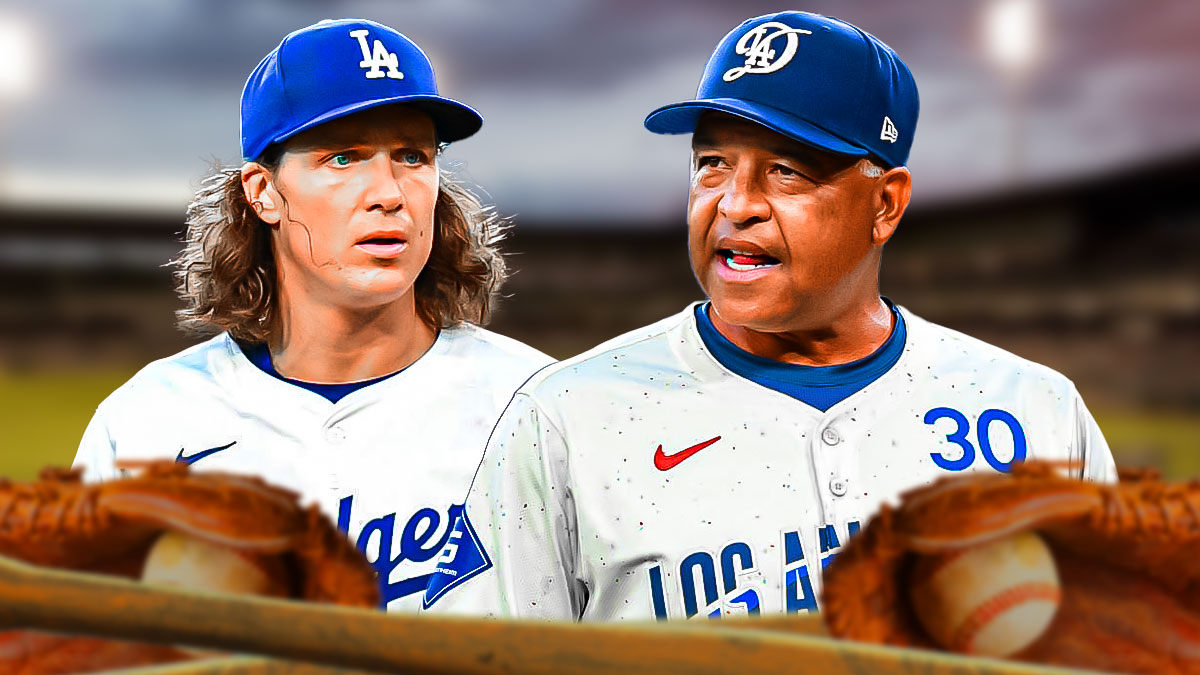 Tyler Glasnow looking concerned in Dodgers jersey, Dave Roberts beside him, Dodger Stadium as background