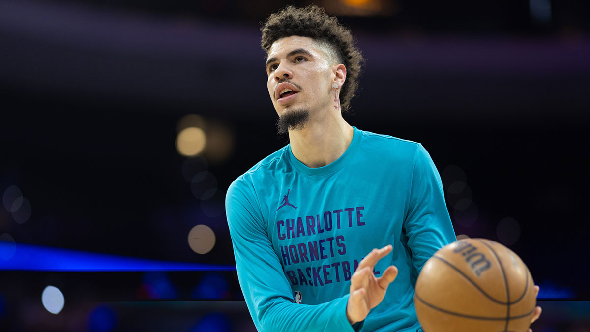 Charlotte Hornets guard LaMelo Ball practices before a game against the Philadelphia 76ers at Wells Fargo Center.