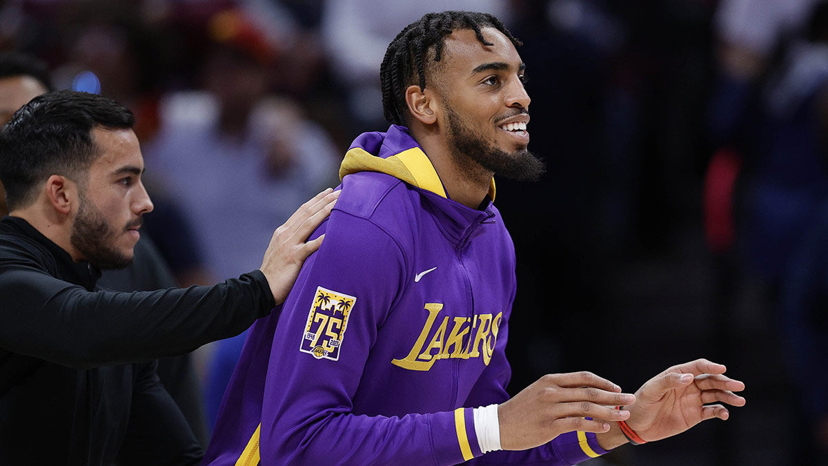 Los Angeles Lakers forward Troy Brown Jr. (7) warms up before game one against the Denver Nuggets in the Western Conference Finals for the 2023 NBA playoffs at Ball Arena. 