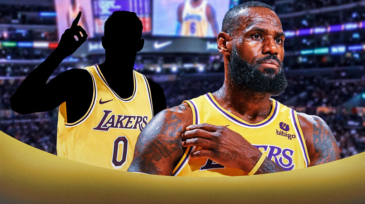 LeBron James in a Lakers jersey and a mystery basketball player in a Lakers jersey.
