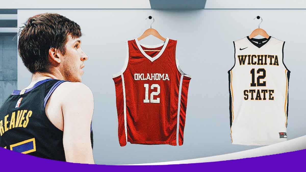 Austin Reaves wearing a Lakers jersey looking at Wichita State, and Oklahoma Sooners jerseys on hangers.