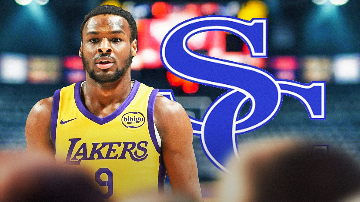 Bronny James in Lakers uniform beside Sierra Canyon logo