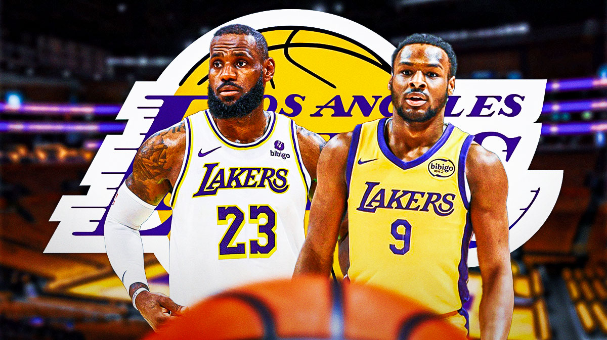 Lakers' LeBron James & Bronny James next to a Lakers logo